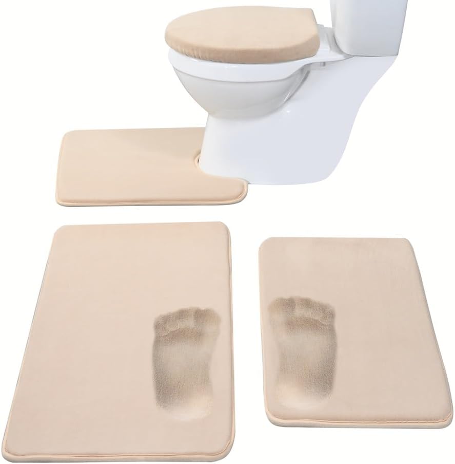 Madeals Juego de 4 alfombrillas de baño de espuma viscoelástica con tapa de inodoro y alfombra combinada, color beige