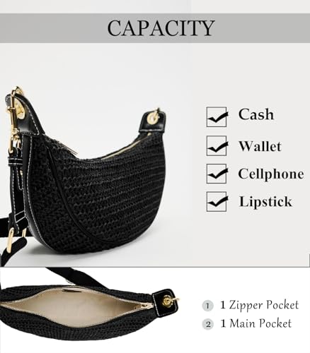 Image of Straw Crossbody Bags for Women Beach Woven Hobo Handbag Summer Chic Crescent Shoulder Purses with Adjustable Strap 2026
