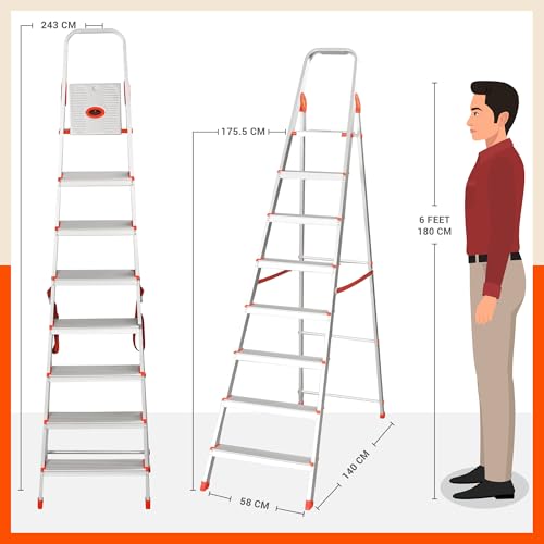 Image of Bathla Advance 8-Step Aluminium Ladder | 150 Kg Load Capacity | Anti-Slip Steps | Sure-Hinge Technology | Home Use Step Ladder | 5 Year Warranty