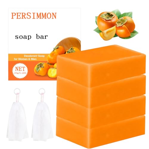 FunnAura 4 Pcs Persimmon Soap Handmade Persimmon Soap with Foaming Nets for Women Men with Coconut Oil Strong Odor Smell