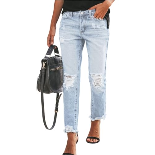 Jean Capris for Women Ripped Mid Rise Boyfriend Jeans Stretchy Cropped Slim Fit Trendy Straight Leg Skinny Jean Y2k Raw Hem Distressed Capri Denim Pants Crop Mom Vintage Tummy Control Jean