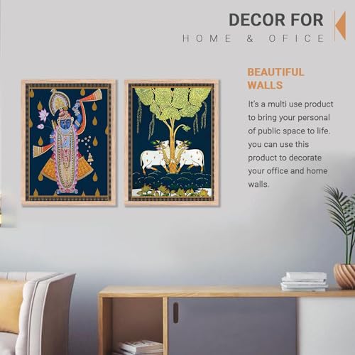 Image of kotart Traditional Indian Wall Art Painting Set of 2 | Kamdhenu Cow Design | MDF Wooden Framed Spiritual Wall Decor for Living Room, Pooja Room & Home (Art 5, 25x37 Inch)