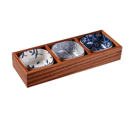 Negosu皿小皿セット和風小皿竹皿陶器前菜皿盛り合わせ深い型仕切り付天然木しょうゆ前菜盛り合わせ和食器陶磁器アイスクリームソース皿鍋 (3つのグリッド,オントロジー+食器)