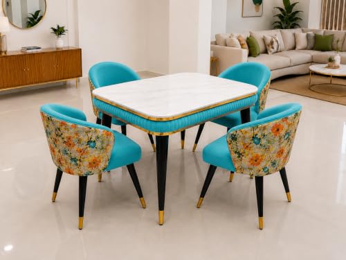 Image of WOODEN SPACE Majestic 4 Seater Wooden Dining Table Set | Urban Marble Top Dining Table with Chairs for Dining Room & Kitchen (Modern Classic Printed Sky Blue) (54 x 36 x 30 inch)