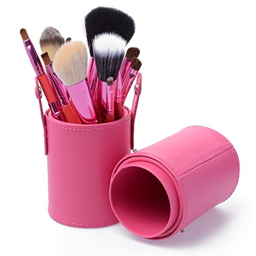 Afunti 12Pcs Makeup Brush Set Pro Cosmetic Brushes Kit Make up Tool with Cup Leather Holder Case (PINK)