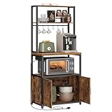 VASAGLE Kitchen Bakers Rack with Power Outlet, Coffee Bar Cabinet with 90 cm High Worktop, Microwave Stand with 8 Hooks, 40 x 60 x 170 cm, Rustic Brown and Ink Black KKS058K01