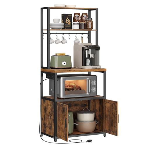 VASAGLE Kitchen Bakers Rack with Power Outlet Coffee Bar Cabinet with 90 cm High Worktop Microwave Stand with 8 Hooks 40 x 60 x 170 cm Rustic Brown and Ink Black KKS058K01