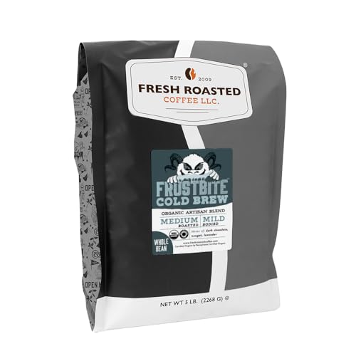 Image of Fresh Roasted Coffee, Organic Frostbite Cold Brew Whole Bean Coffee, Medium Roast, USDA Organic, 3rd Party Tested for Mold, Mycotoxin & Pesticides, Kosher, 5 lb (80 oz)