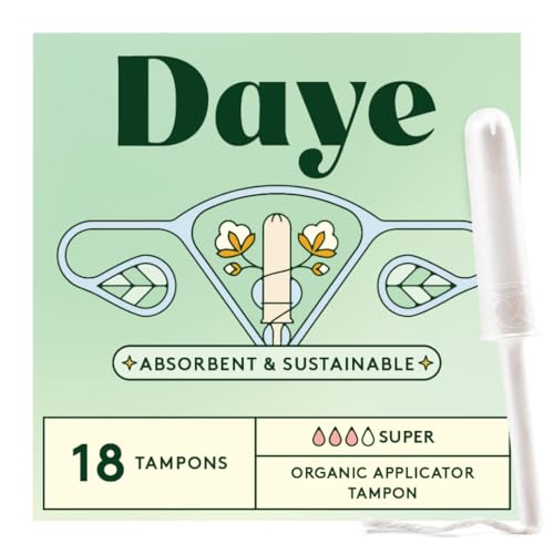 Daye Organic Tampons Super | 18ct | Pesticide & Metal Tested, 100% Organic Cotton for Heavy Flow | No-Shed Sleeve, Sugarcane Applicator