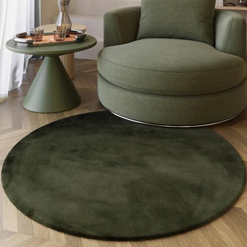 Wecon Home Moderner, sehr Flauschiger Hochflor Teppich von Esprit perfekt für Wohnzimmer, Schlafzimmer und mehr - Alice (100 cm rund, Olive)