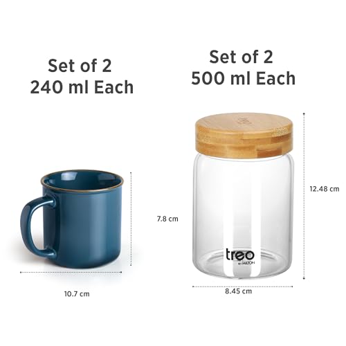 Image of Treo by Milton Glare & Snacks 4 Pcs Gift Set | 2 Premium 240 ml Ceramic Mug, Dark Blue & 2 Airtight 500 ml Glass Jars, Transparent | Durable, Microwave-Safe Mugs | Perfect for Home, Office & Gifting