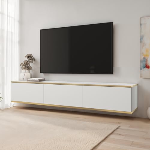 Komodee Banff TV175 – Meuble TV, Front Lisse Blanc/chêne Artisan, Largeur 175 cm, Hauteur 30 cm, Profondeur 32 cm