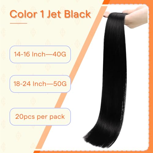 Image of Full Shine Tape in Hair Extensions Human Hair Invisible Hand Tied Weft Color 1 Jet Black Straight Remy Skin Weft Tape in Extensions Natural Seamless Brazilian Extension 20pcs 50g 20 Inch Add Length