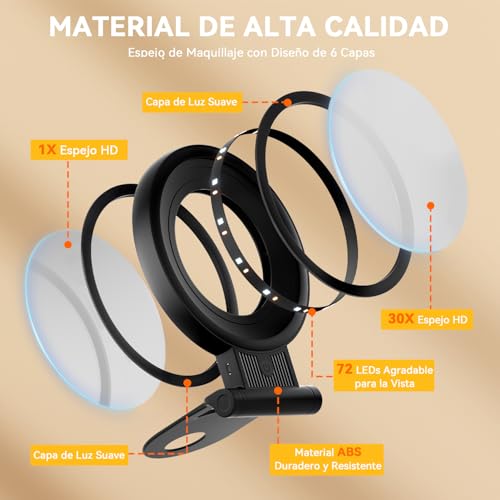 Espejo maquillaje con luz led recargable 2000mAh y aumento 30X 6