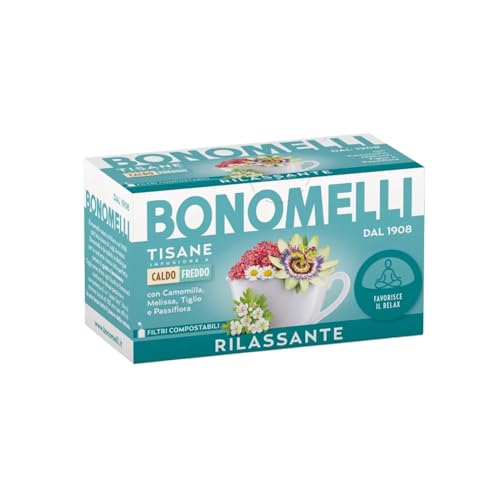 Bonomelli Tisane Funzionali, Rilassante, Confezione da 16 Filtri, con Camomilla, Melissa e Valeriana, Integratore Alimentare, Favorisce Distensione e Serenità, Infusione a Caldo e a Freddo (32g)