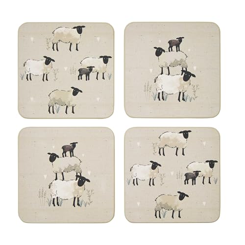 Cooksmart Pack of 4 Drink Coasters | British Designed Eco Cork Drinks Coasters For Modern Homes | Coasters For Drinks For All Types of Cups & Mugs - Highland Sheep