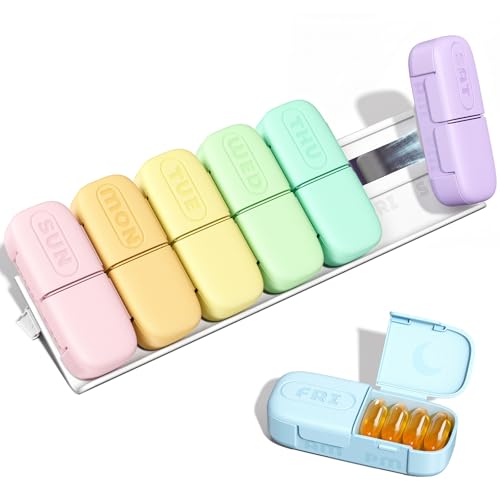 Daviky Magnetic Pill Organizer 2 Times a Day Weekly AM PM Pill Case Pill Box 7 Day with Magnets and Stand Large Medicine Organizer for Medication Vitamins and Supplements Macaron