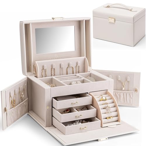 Vlando Large Jewellery Box for Women Lockable Jewellery Boxes with 3 Drawers Jewelry Storage Earrings, Rings, Necklaces, Bracelets, Brooches, Watches Organiser Apricot White