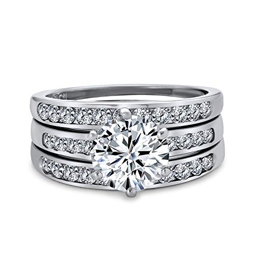 Bling Jewelry Round Cut 3 Piece CZ Bridal Engagement Ring Set 925 Silver, Ring size 7