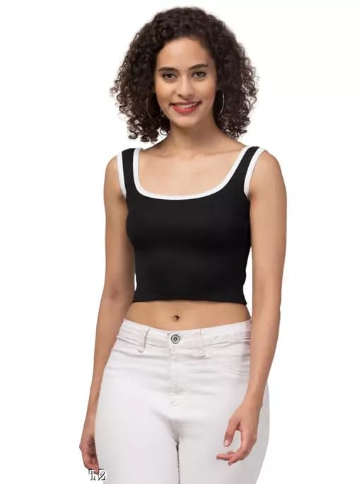 Image of SriSaras Women's Black & White Cotton Strechable Tank Tops /Crop Tops