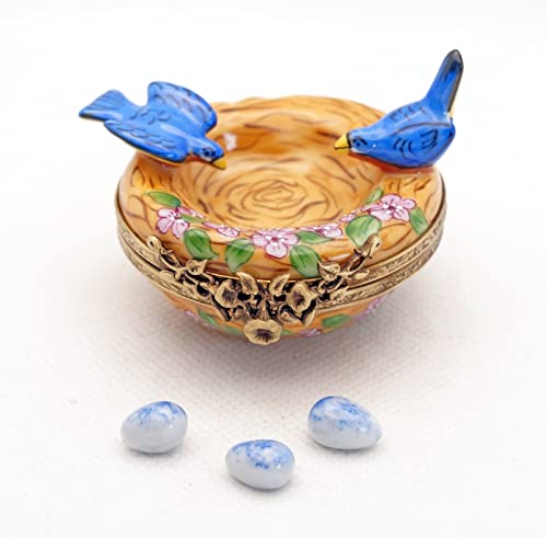 Authentic French Porcelain Hand Painted Limoges Box Cute Love Birds In Nest With Eggs #TOP2