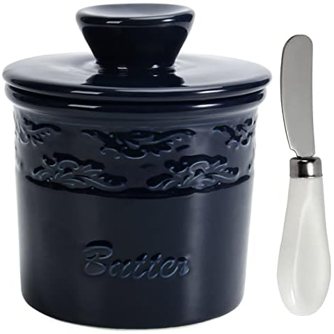 SGAOFIEE Porcelain Butter Crock, Butter Keeper Dish, French Ceramic Crock with Lid, Countertop French Ceramic Butter Dish Keeper for Spreadable Butter, Navy Cover