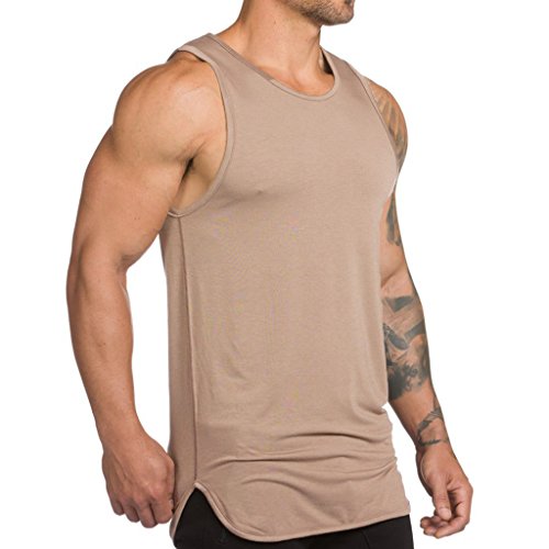 Magiftbox Mens Extended Scoop Workout Stringer Tank Tops Gym Shirts for Men Black/Khaki T05_Khaki_US-L