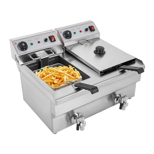 Double friteuse électrique professionnelle avec thermostat automatique, 2 x 10 l, 6000 W, grande friteuse en acier inoxydable pour usage commercial 57 x 47 x 35 cm