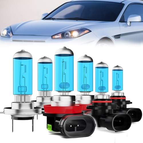 Image of Headlight Bulbs Compatible With Hyundai Tiburon 2007-2008, H7 High Beam + H11 Low Beam + 9006 Fog Lights Halogen Light Bulb Combo, Super Bright 6000K White, Plug and Play, Pack of 6