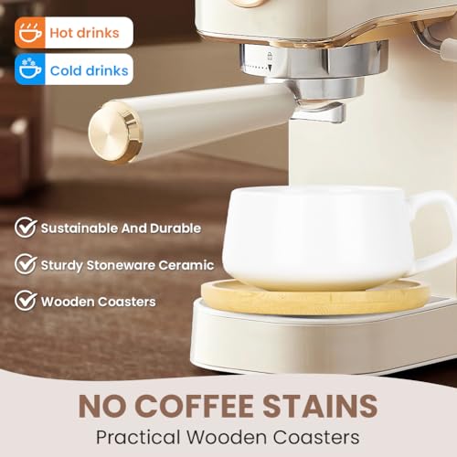 Miniatura 5 de Aoote Juego De Taza Y Platillo, 2 Pcs 320ml Tazas De Capuchino De Ceramica, Tazas De Cafe Espresso Porcelana Con Plato Con Posavasos De Madera Y Cuchara, Tazas De Café Para Moca, Té, Latte, Desayuno