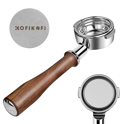 Image of KOFIKOFI 58mm Bottomless Portafilter For E61 Group Head - 2 Ears Walnut | Genuine American Walnut Handle fits E61, Flair 58, ECM, Rocket, Sanremo, Synesso, VBM. With 18g Filter Basket and Puck Screen