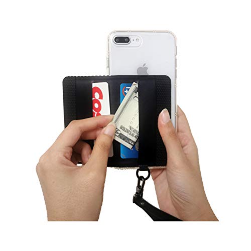 Image of Tainada Stick On 3M Adhesive Flip Phone ID Credit Card Holder Wallet with Detachable Wristlet and Phone Stand Function for iPhone, Android and Most of Smartphones (Lady Black)