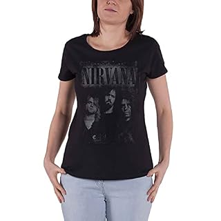Nirvana Faded Faces Femme T-Shirt Manches Courtes Noir Regular/Coupe Standard - Les Beatles, Paul McCartney, John Lennon, RIngo Starr, George Harrison