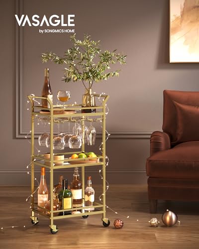 Image of VASAGLE Bar Cart, 3-Tier Shelf, Wine Holders, Glass Holders | Home Bar Serving Cart, 18.4 x 11.8 x 36.2 Inches, Small Spaces, Kitchen, Living Room, Gold, BARIS Collection ULRC091A62