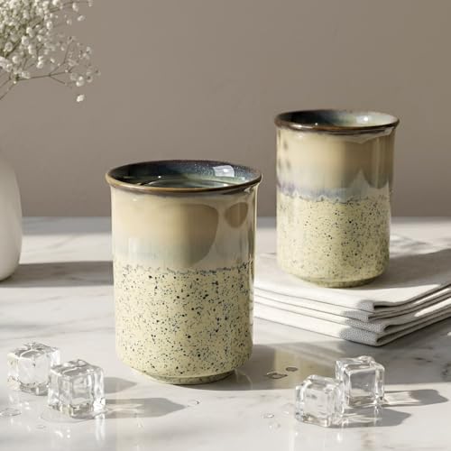 Image of SNS Ceramic Tumbler Set of 2 | Handmade Studio Pottery Drinkware for Water, Juice, Lassi, Cold Coffee & Milk | Premium Hot & Cold Beverage Glass for Home & Gifting (Oatmeal Sky Tumbler)