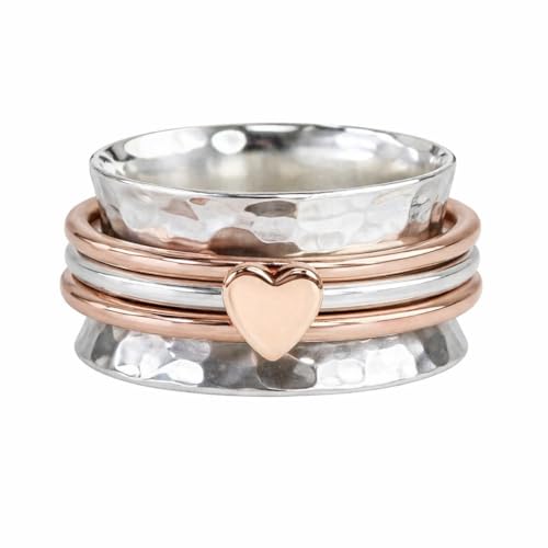 Product Image of the Silvebiz Meditation Rose Heart Spinner Ring for Women, 925 Sterling Silver spinner ring for anxiety Women and Girls For Gift, Fidget, Handmade, Worry Three Band Spin Ring Size US 8