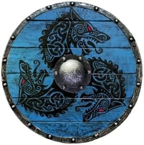 Bouclier viking Ouroboros en bois porté par bataille – 61 cm de diamètre – Idéal comme cadeau décoratif (bleu, 24)