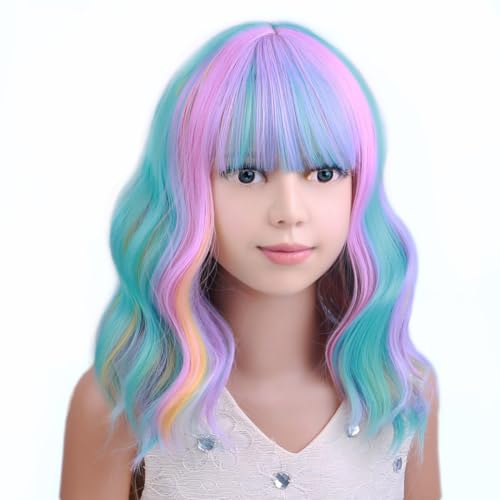 Image of PATTNIUM Multicolor Wig for Kids Rainbow Child Wig with Bangs Wavy Colorful Wigs for Girls Shoulder Length Heat Resistant Synthetic Wigs