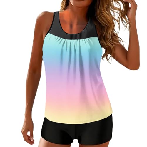 Bikini Sexy,Baño Chic De Mujer con Efecto Push-Up,Control De Abdomen,Estampado Floral,Baño De Verano De Talle Alto,Baño Casual De Tallas Grandes,Tankini Deportivo con Shorts(02##Hell-Pink,L)