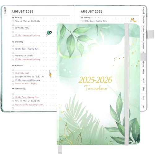 Kalender 2025 2026, A5 Terminplaner von August 2025 bis Juli 2026, Wochenplaner mit Stifthalter Gummiband Buchkalender Monatsplaner Tagesplaner Terminkalender für Schule Büro (Grüne Pflanzen Muster)