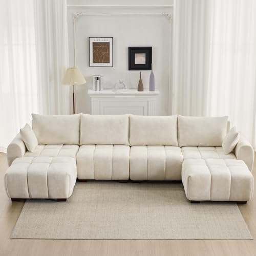 Image of 143 inch Oversized Cloud Couch Sectional, Comfy U Shaped Couch with Two Ottomans and Solid Wood Legs, Mid Century Modern Modular Sectional Couches for Living Room, Tufted Sofas for Living Room, Beige