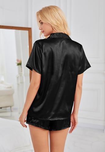 Image of Satin Pajamas for Women Solid Color, Silky PJs Set with Notch Neck & Adjustable Drawstring Shorts