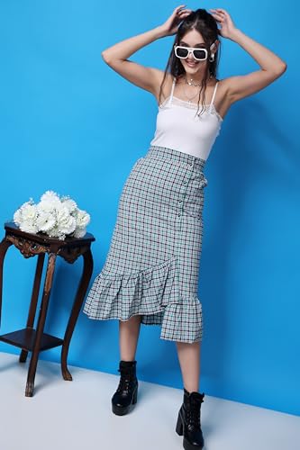 Image of POPWINGS Casual Check Print Long Flare Skirt for Women | Cotton Skirt for Women Skirt for Women