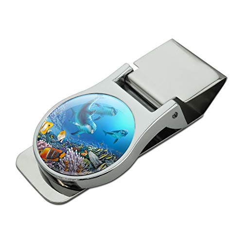 Ocean Underwater Dolphins Scuba Diving Reef Satin Chrome Plated Metal Money Clip