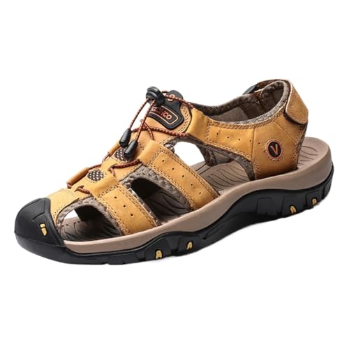 Men's Leather Sandals Big Size Beach Shoes with Adjustable Buckle - Comfortable Outdoor Footwear for Wide Feet, Summer Casual Slip-On Design