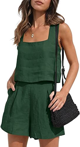YARKIM Women 2 Piece Outfits Linen Matching Sets Two Piece Lounge Shorts Crop Tops 2023 Boho Beach Clothes Summer Vacation(Dark Green,Large) YARKIM Women 2 Piece Outfits Linen Matching Sets Two Piece Lounge Shorts Crop Tops 2023 Boho Beach Clothes Summer Vacation(Dark Green,Large)