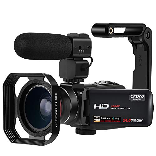 ORDRO Z20 Video Camera Night Vision Camcorder 1080P Digital YouTube Vlogging Camera Recorder with Microphone, Wide-Angle Lens, Hood, Handheld Holder, 32G SD Card and 2 Batteries