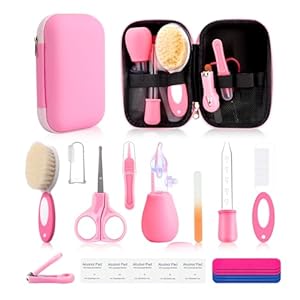 Esonto Child Healthcare and Grooming Equipment, Child Security Set New child Nursery Well being Care Set with Hair Brush Scale Measuring Spoon Nail Clippers (20pcs, Pink)