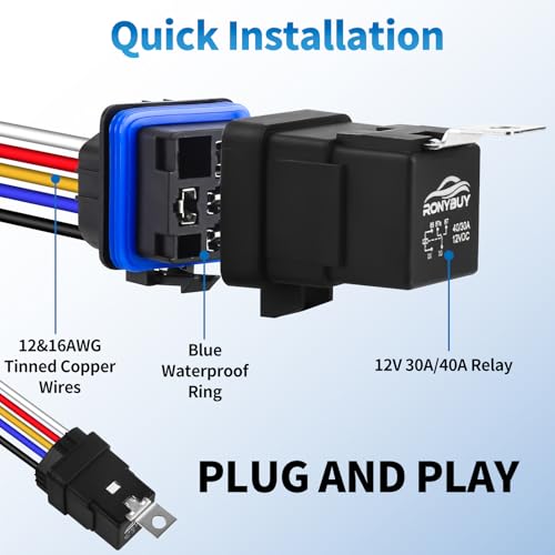 Kit de 5 Relevadores Impermeables de 5 Pines 40/30 AMP 12V con Arnés y Cables de Cobre Estañados 12&16 AWG, Relevador Automotriz SPDT para Bocinas, Arranques, Ventiladores de Radiador, Paquete de 5 miniatura 5