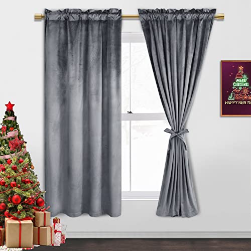 Jiuzhen Grey Velvet Curtains For Bedroom - 63 Inches Thermal Insualted Room Darkening Rod Pocket Blackout Drapes For Ofiice/Closet, Set Of 2 Panels With Tiebacks, 52W X 63L #TOP11